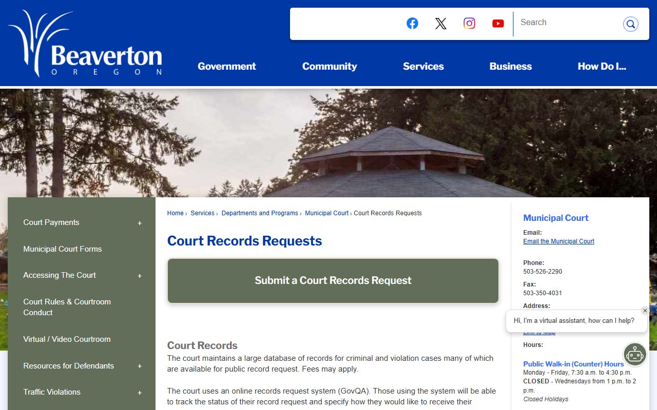 Beaverton court records request page for DUI case files