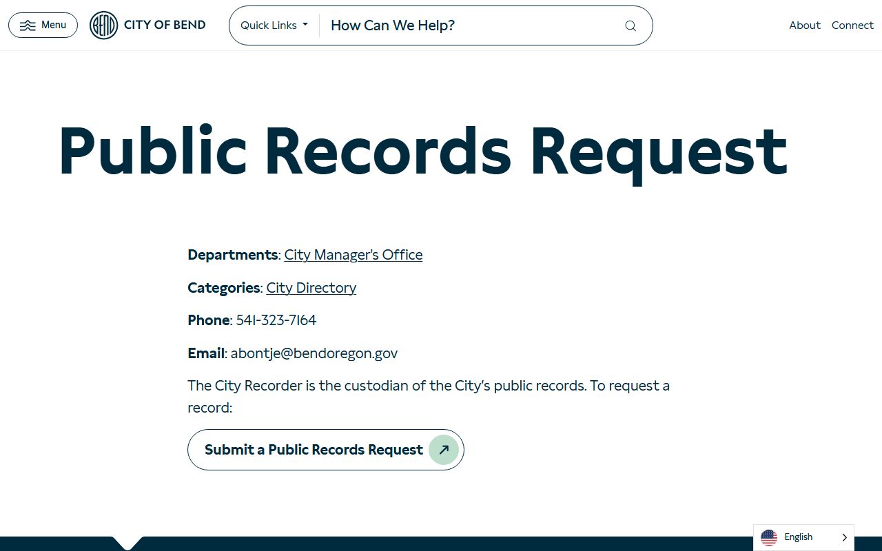 Bend public records request page for DUI and police records