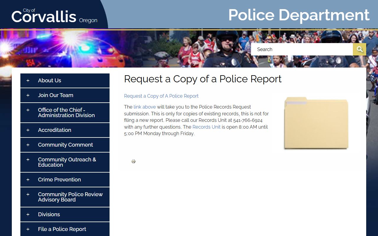 Corvallis Police report request page for obtaining DUI arrest records