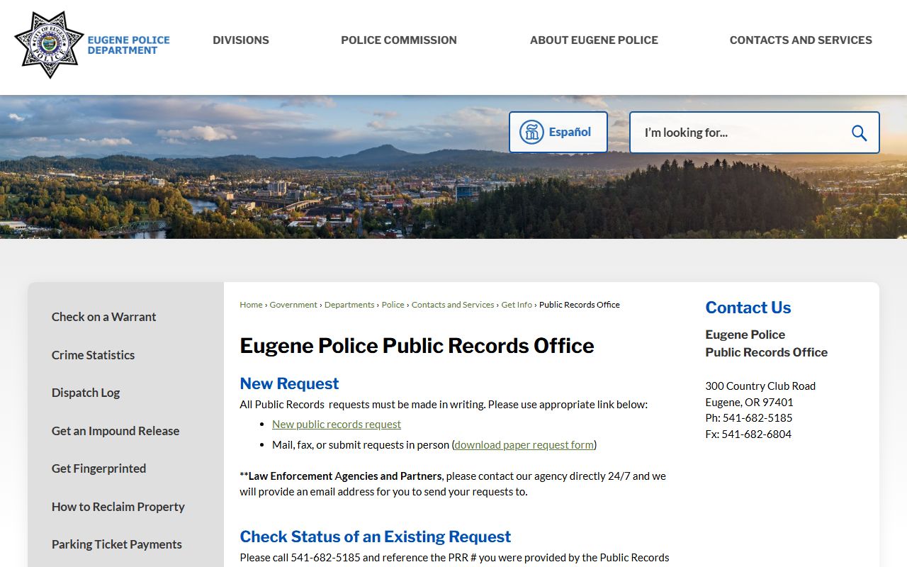 Eugene Police Public Records Office for DUI record requests