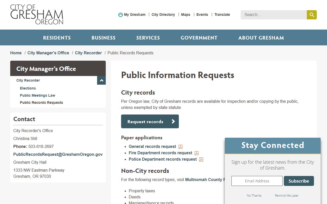 Gresham City Recorder public information request page for DUI records