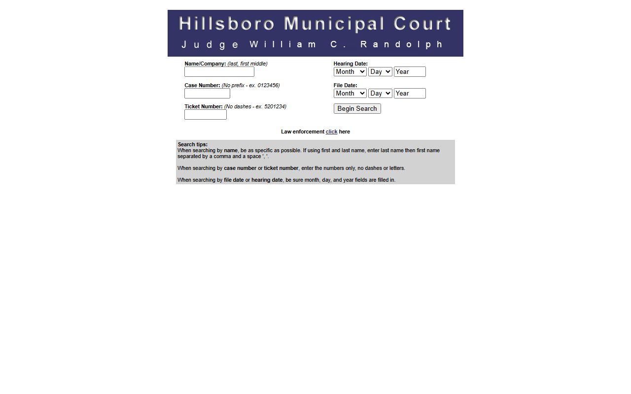 Hillsboro Municipal Court online search system for DUI case lookup