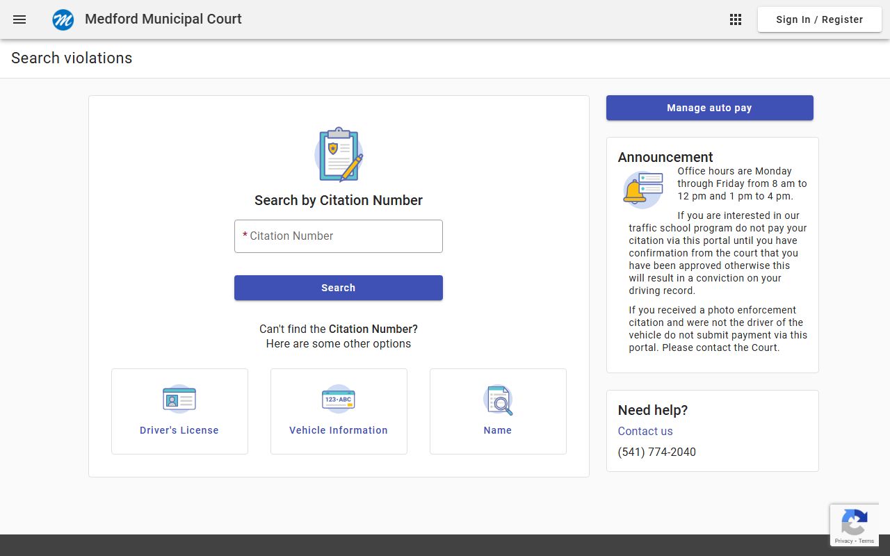 Medford Municipal Court online portal for DUI and traffic cases