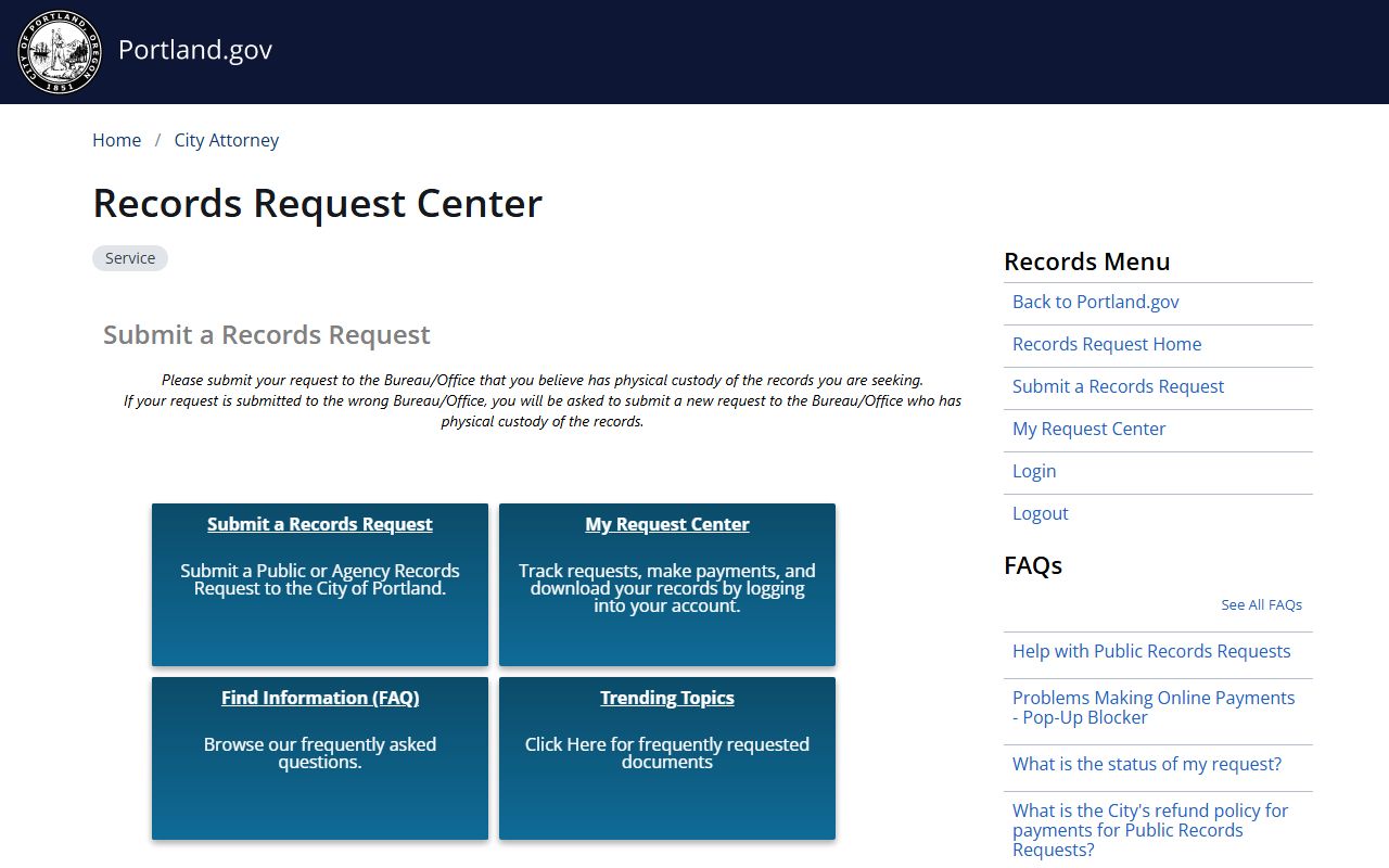 GovQA portal for submitting and tracking Portland DUI record requests
