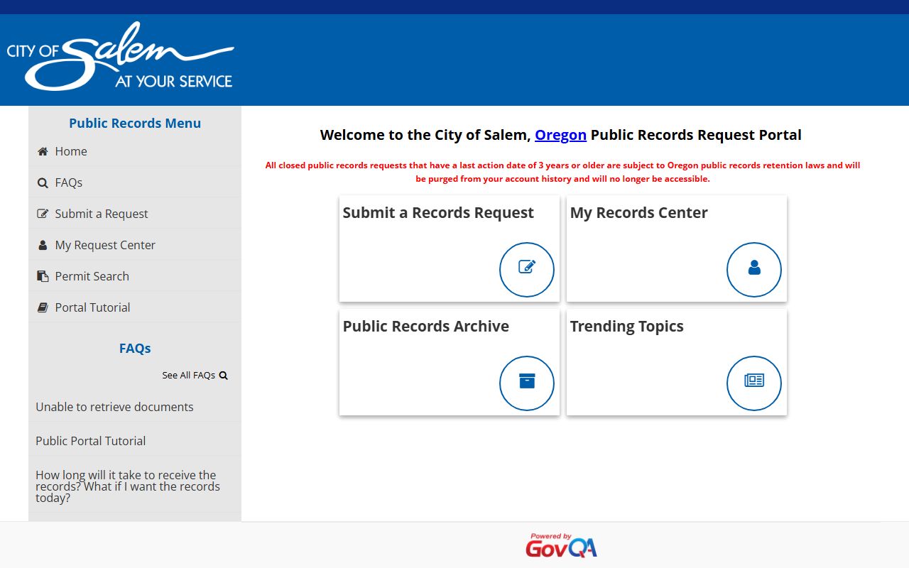 Salem GovQA portal for submitting and tracking DUI record requests