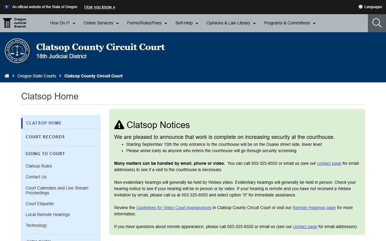 Clatsop County Circuit Court DUI records access page