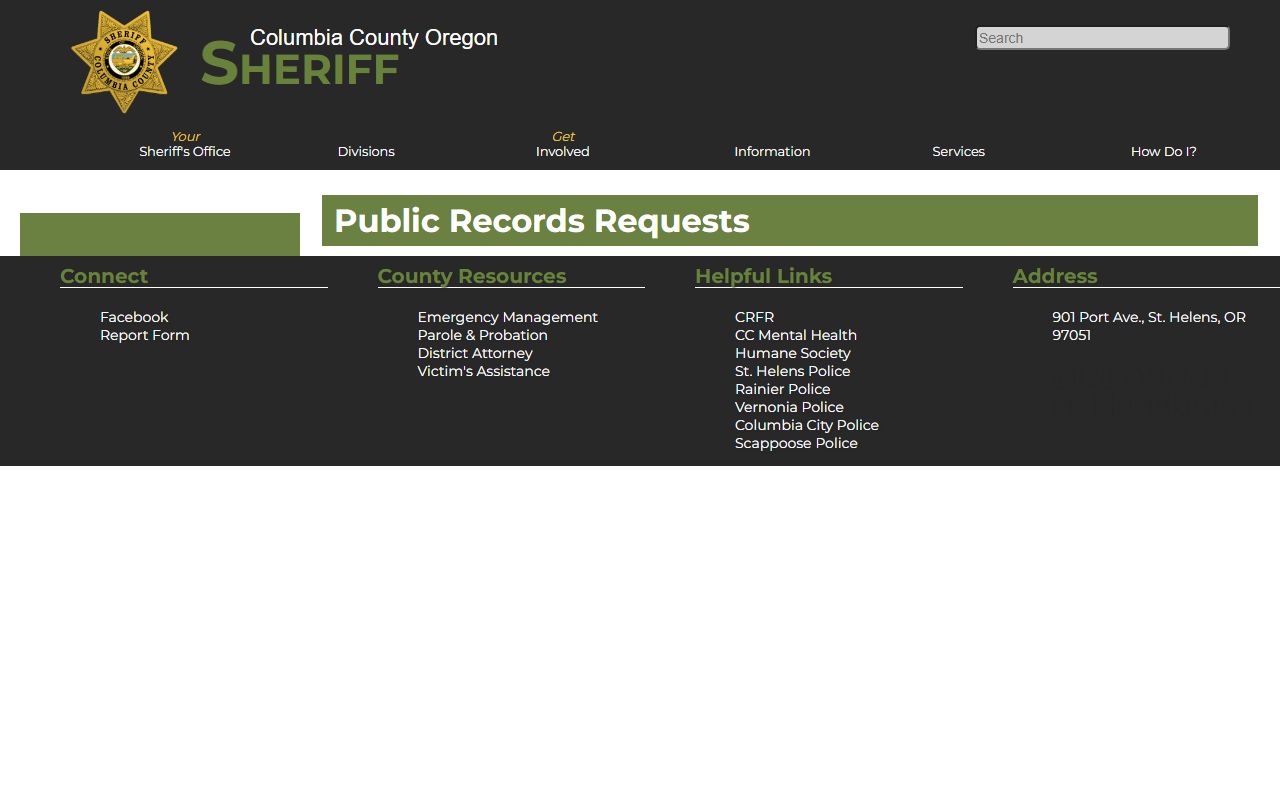 Columbia County Sheriff public records request page