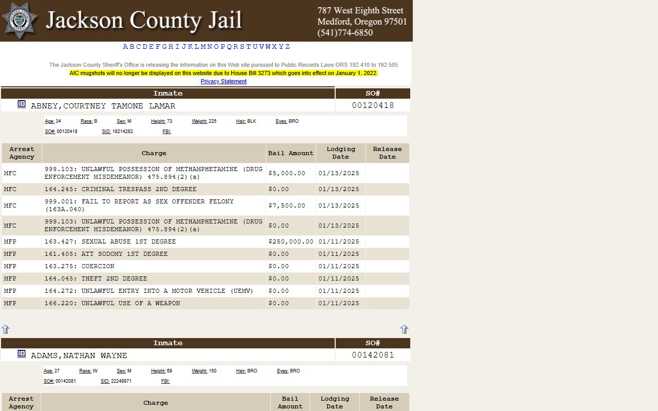 Jackson County Inmate Lookup tool for DUI records