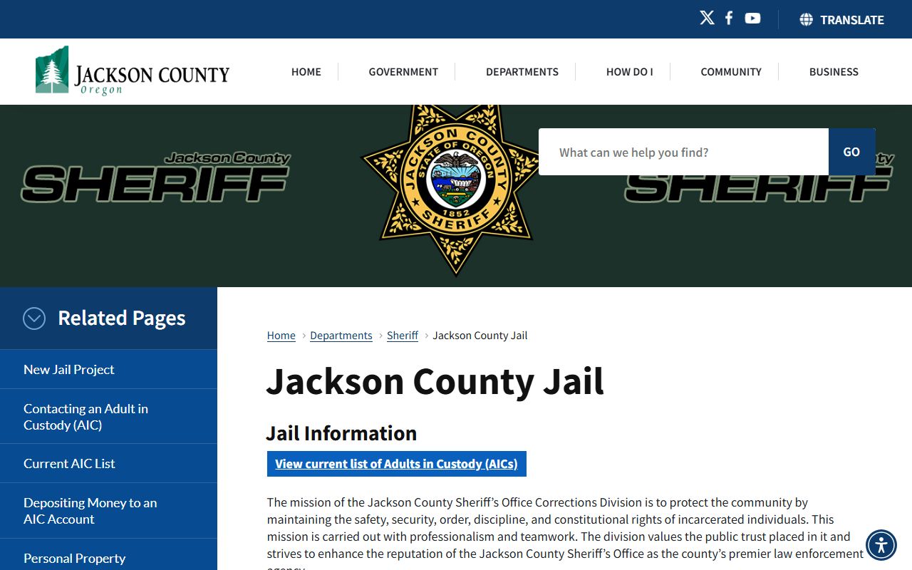 Jackson County Jail information page for DUI records