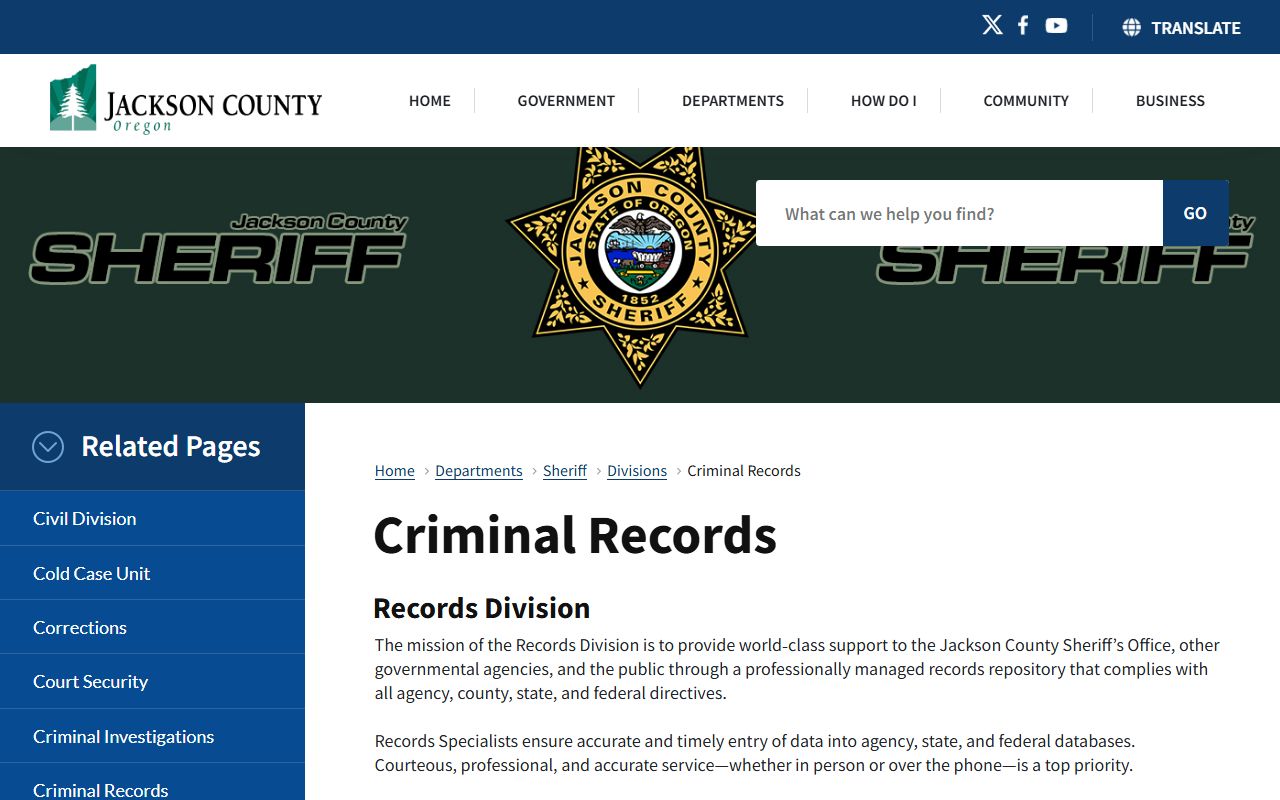 Jackson County Sheriff Criminal Records website for DUI records