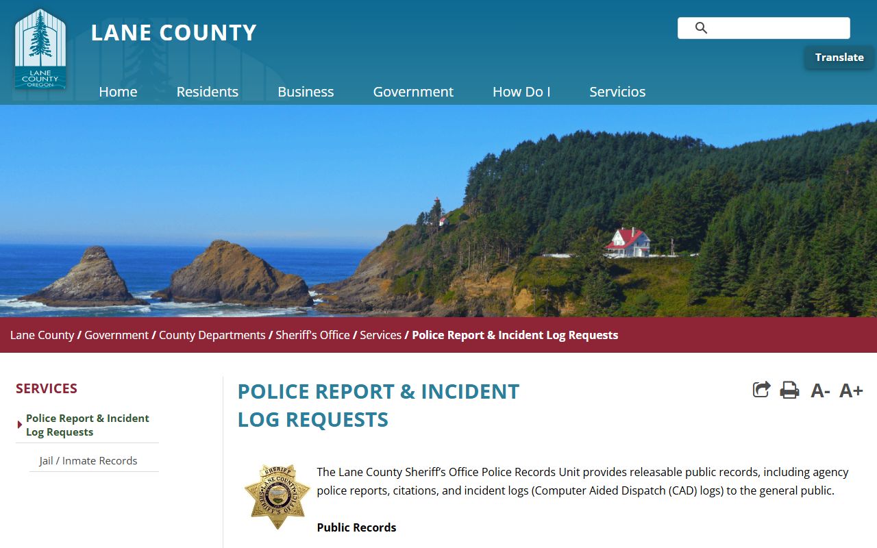 Lane County Sheriff records request page for DUI records