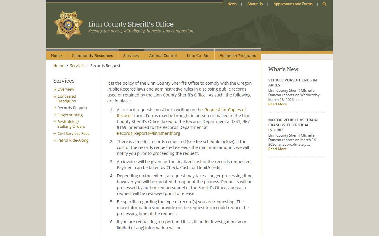 Linn County Sheriff records request page for DUI records