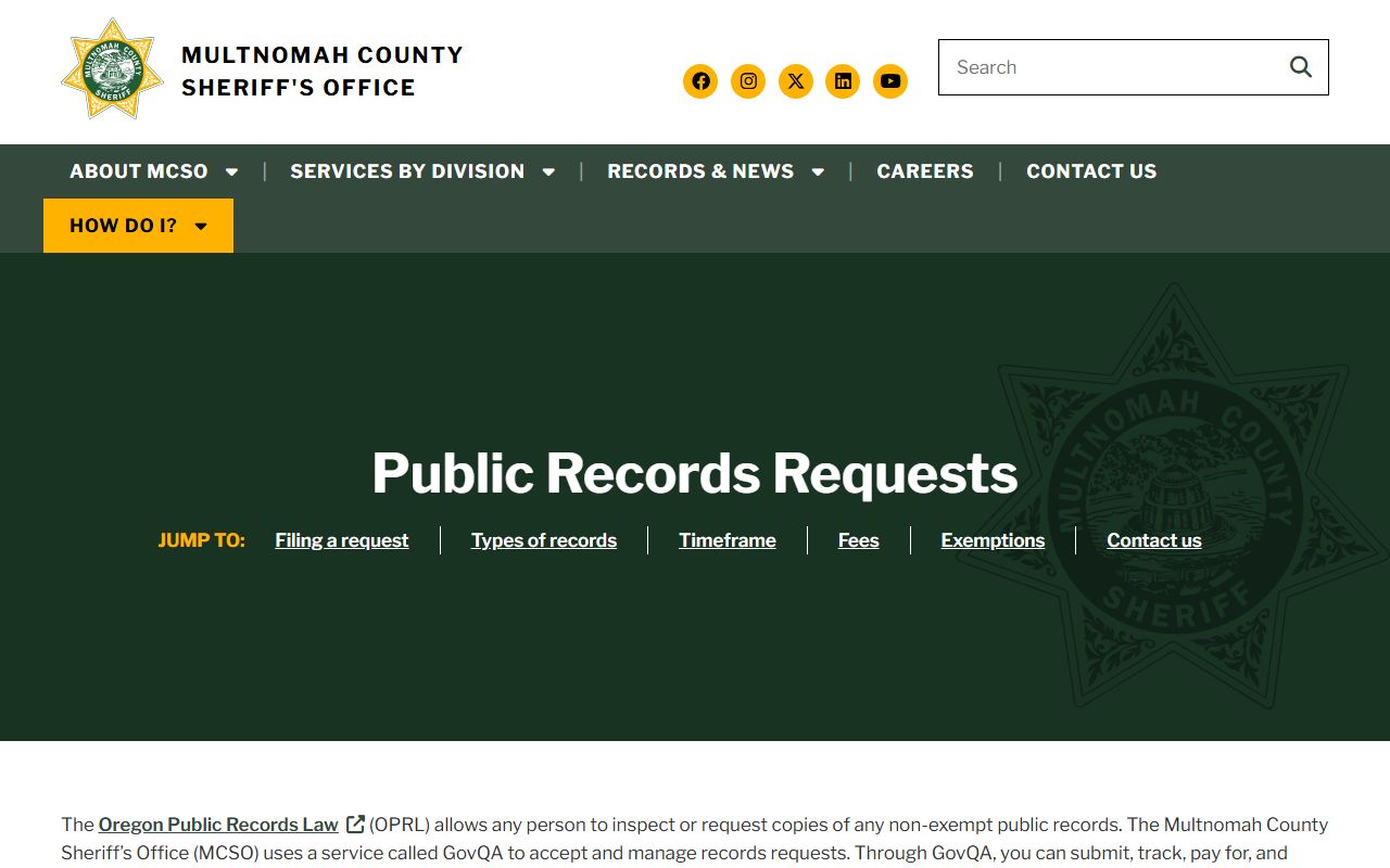 Multnomah County Sheriff public records page for DUI records