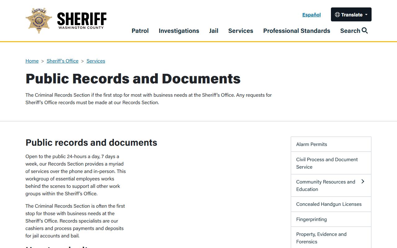 Washington County Sheriff public records page for DUI records