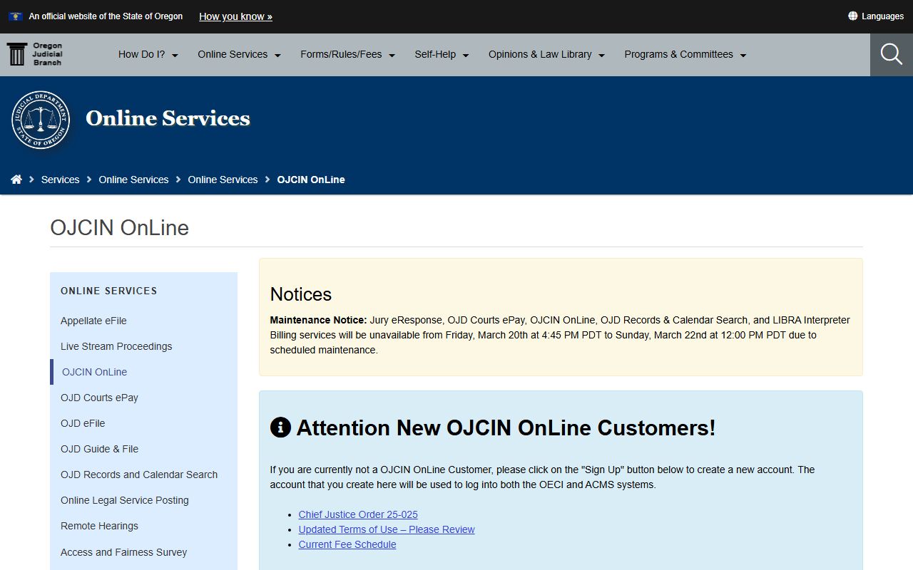 OJCIN Online subscription service for Oregon DUI records search