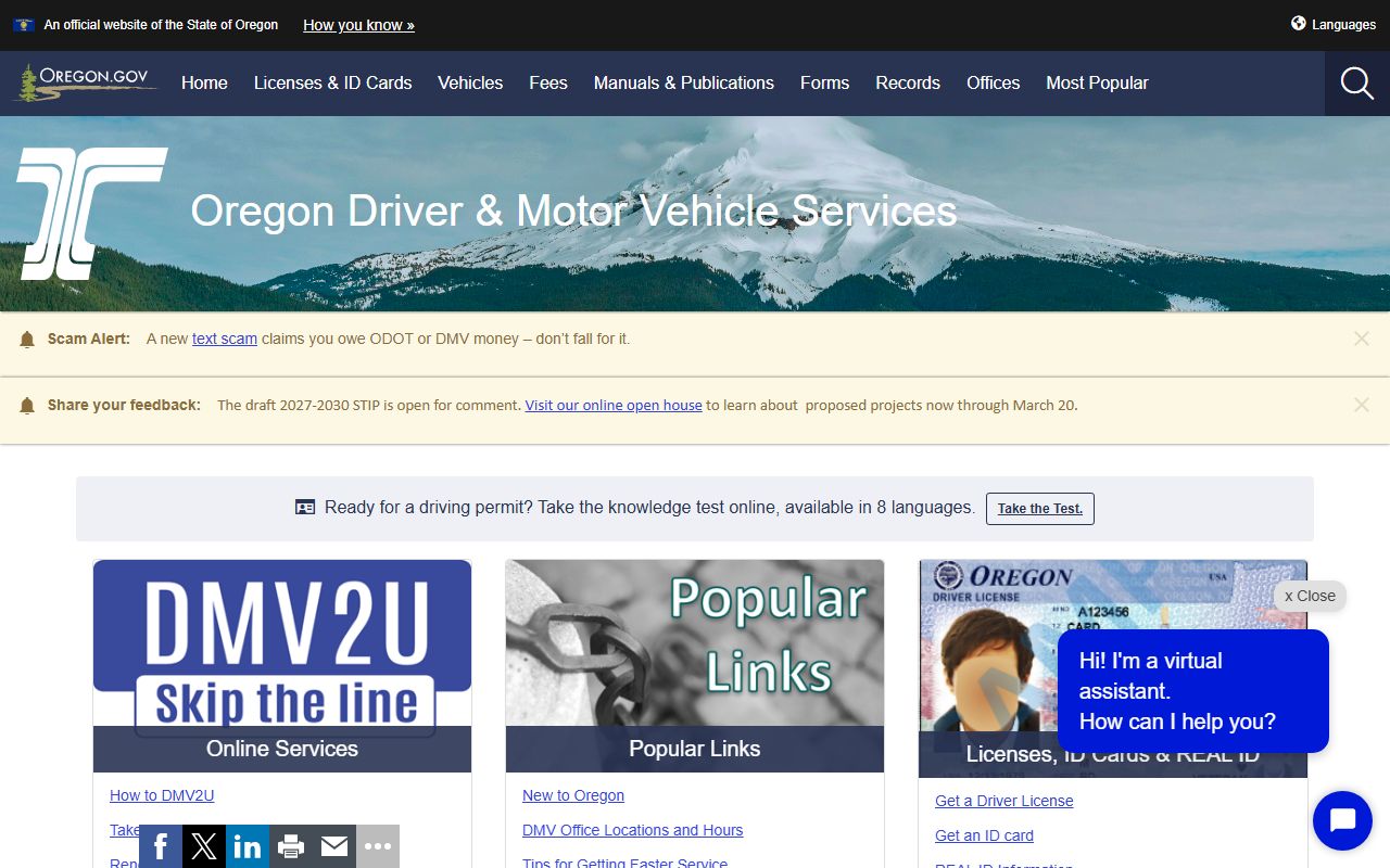 Oregon DMV driver records page for DUI-related license suspensions