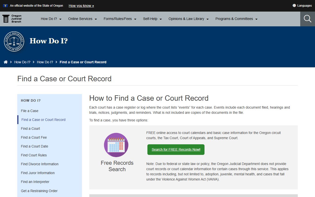 Oregon Judicial Department court records page for DUI records lookup