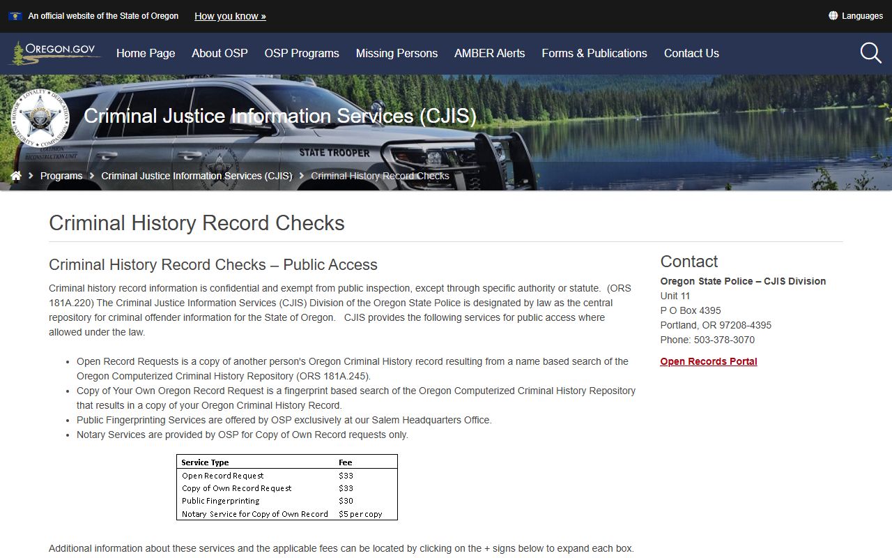 Oregon State Police CJIS criminal history records page for DUI records