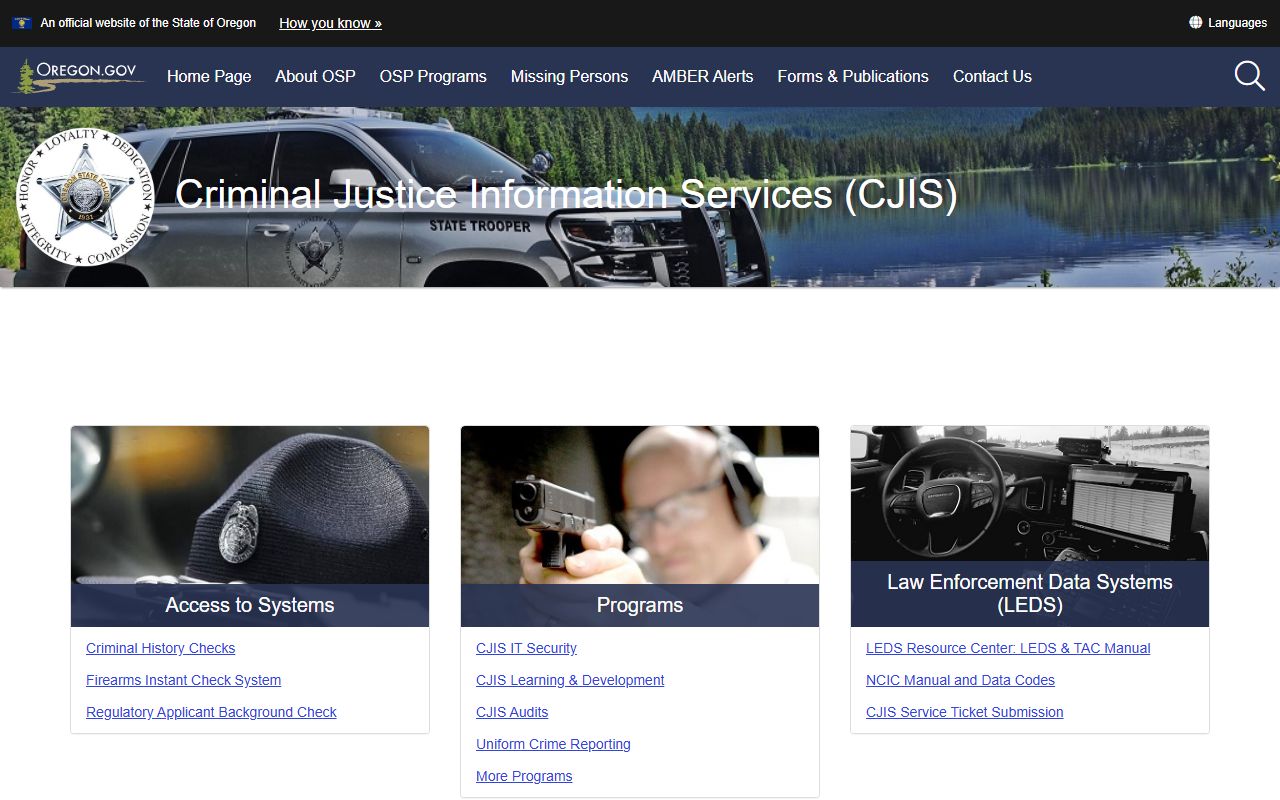 OSP CJIS main welcome page for Oregon criminal and DUI records